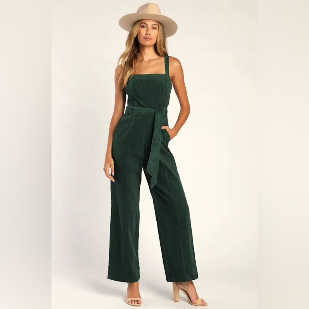 Lulus Cutie Season Dark Green Corduroy Wide-Leg Jumpsuit Size XS